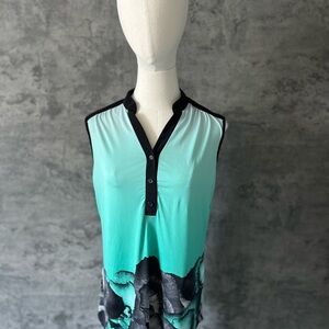 PerSeption Concept Black and Green Asymmetrical Blouse with Mandarin Collar